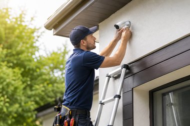 Worker cleaning a house exterior with a ladder, wearing navy uniform and cap