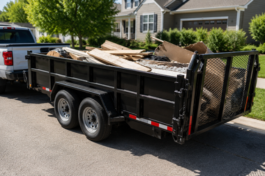 Black utility trailer loaded with wood debris parked on a residential street behind a pickup truck.