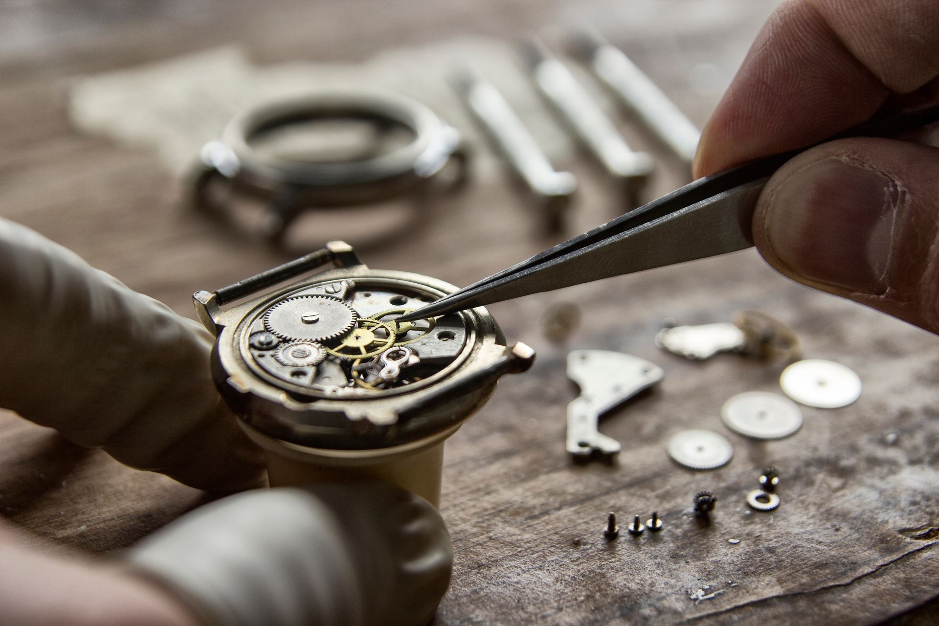 Precision work with clock repair parts using tweezers on small watch gears and components.