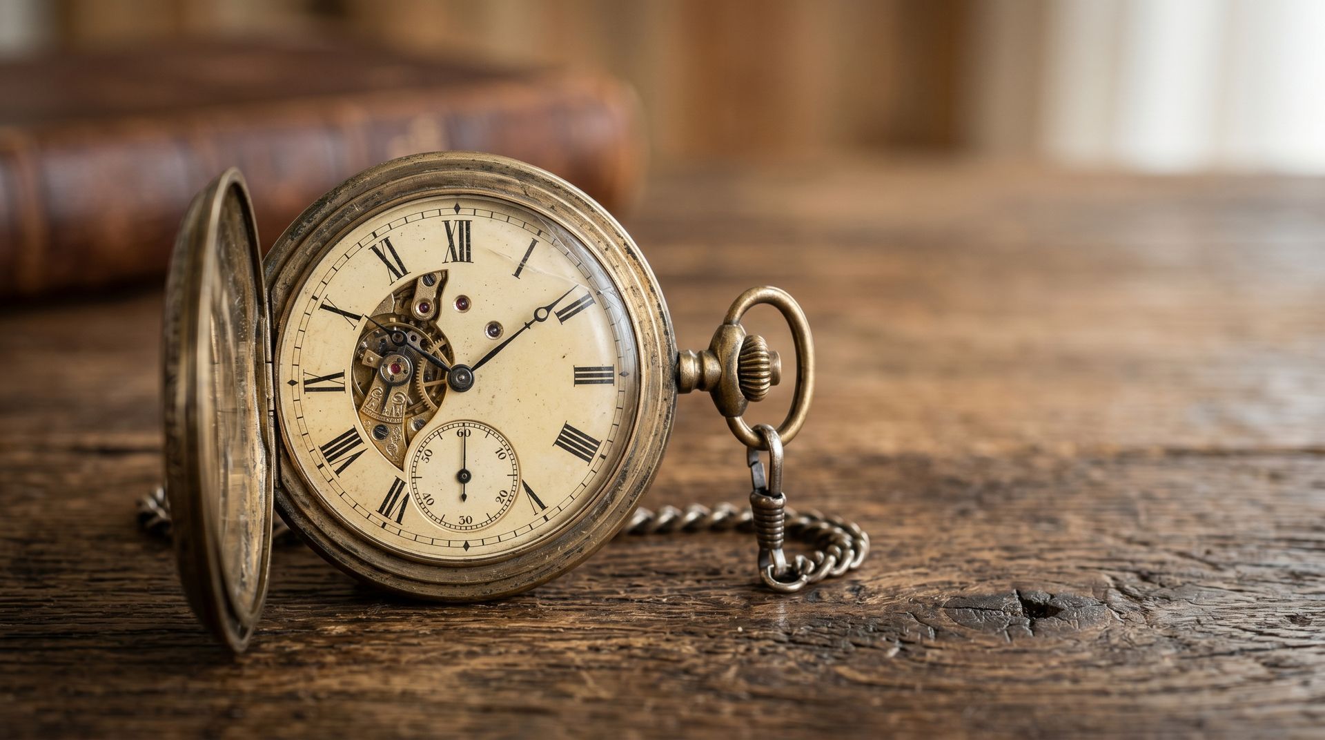 Antique pocket watch with open cover on a rustic wooden table, showing a vintage clock face and chain.