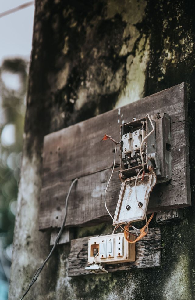 Exposed electrical wiring and a damaged switch box mounted on a weathered wall