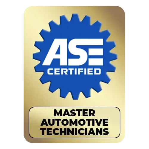 A gold and blue logo that says ASE Certified Master Automotive Technitions. | AK Auto Repair