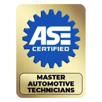 A gold and blue logo that says ASE Certified Master Automotive Technitions. | AK Auto Repair