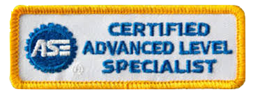A yellow and blue logo that says ASE Certified Advanced Level Specialist on a white background. | AK Auto Repair