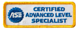 A yellow and blue logo that says ASE Certified Advanced Level Specialist on a white background. | AK Auto Repair
