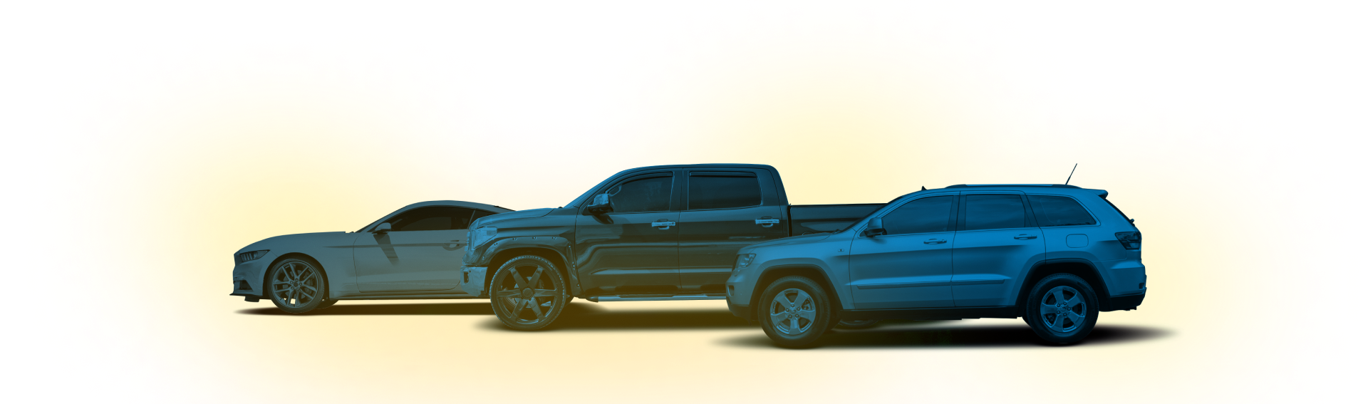 A car , a truck , and a suv are parked next to each other on a white background. | AK Auto Repair