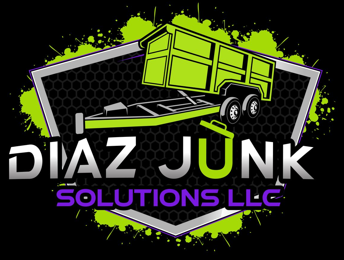 Logo for Diaz Junk Solutions LLC featuring a green dumpster trailer and a green and black background.