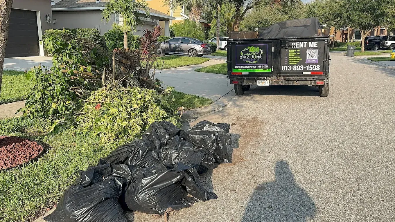 Black trash bags beside yard waste, a truck with 