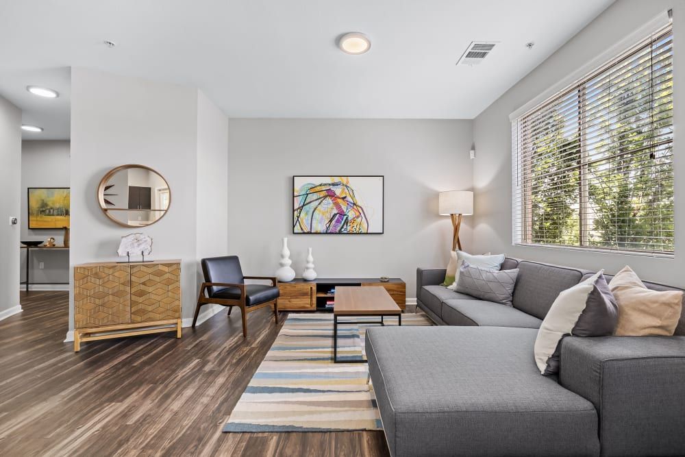 Modern living room interior with large gray sectional sofa adorned with cushions, centered on a striped area rug. Features include a wooden console with decorative vases, a round wall mirror, and colorful abstract wall art. A warm, sunlit ambiance is cast through the window covered with horizontal blinds, and the adjacent wall reveals a partial view of the kitchen area at Marq Inverness in Englewood, CO.