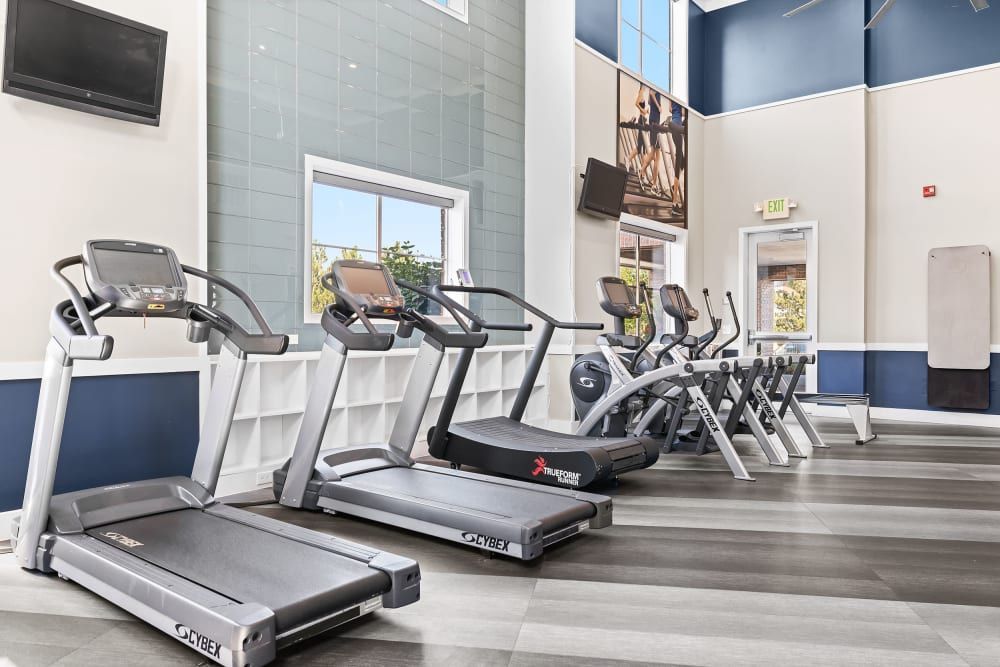 Modern gym interior with various cardio machines including treadmills and elliptical machines, with a wall-mounted TV and bright daylight coming through the windows at Marq Inverness in Englewood, CO.