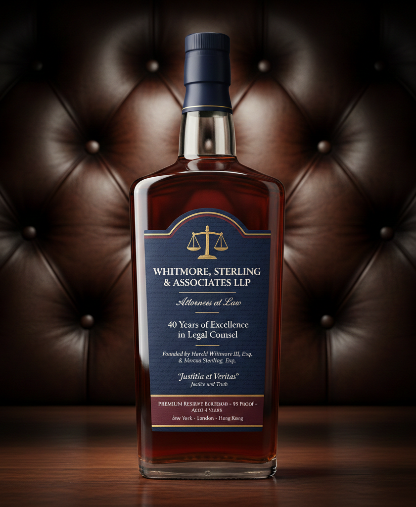 Bottle of whiskey with a navy and gold label, in front of a tufted brown leather backdrop.