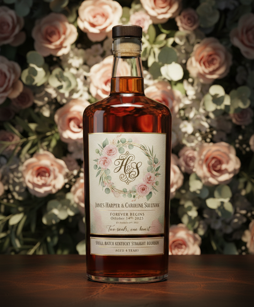 Bottle of amber liquor with floral label against a backdrop of pink roses.