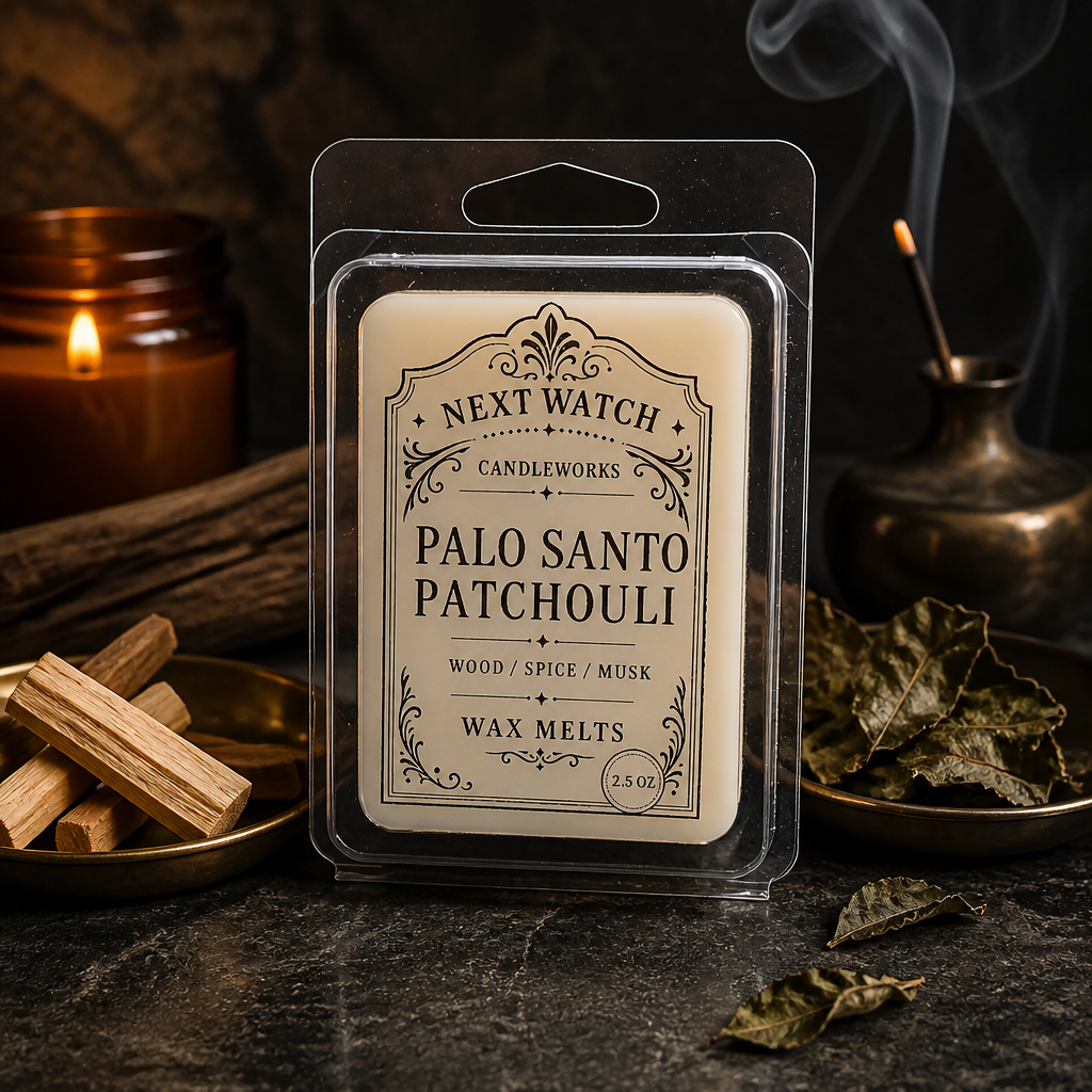 Palo Santo and patchouli wax melts displayed on a rustic table with candles and smoke