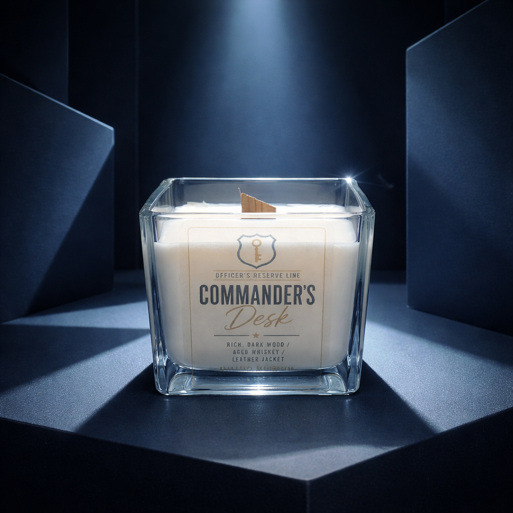 Lit candle in a clear glass jar on a dark, spotlighted display shelf