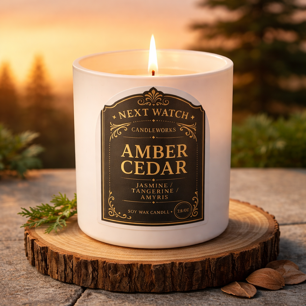 Lit amber cedar candle in a white glass jar on a wood slice with a warm, blurred background