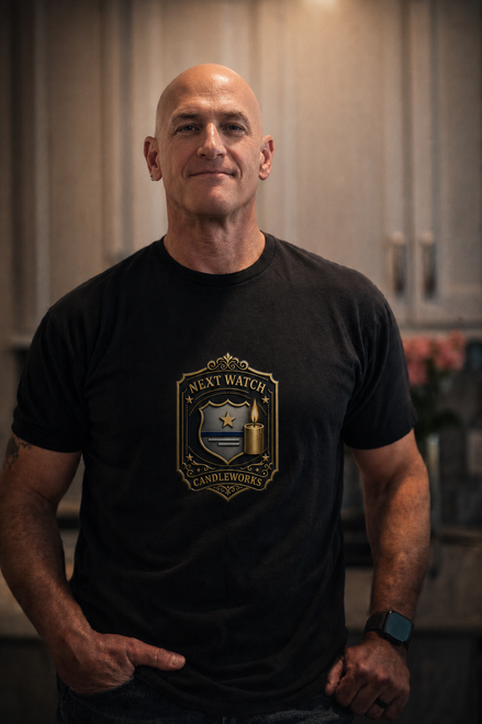 A smiling man in a black t-shirt standing in a kitchen, with the Next Watch Candleworks logo in the bottom right.