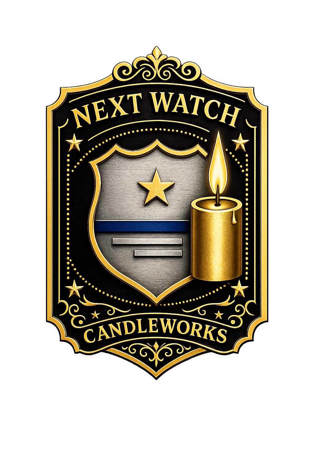 Next Watch Candleworks logo with gold shield, star, and candle on black background