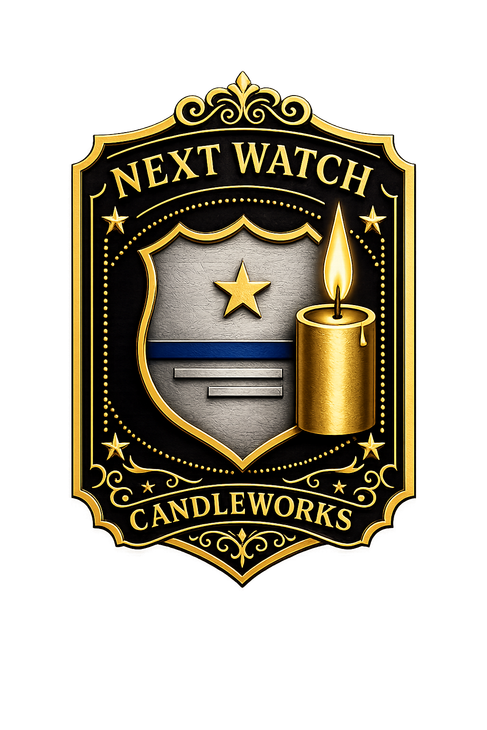Next Watch Candleworks logo with gold shield, star, and candle on black background