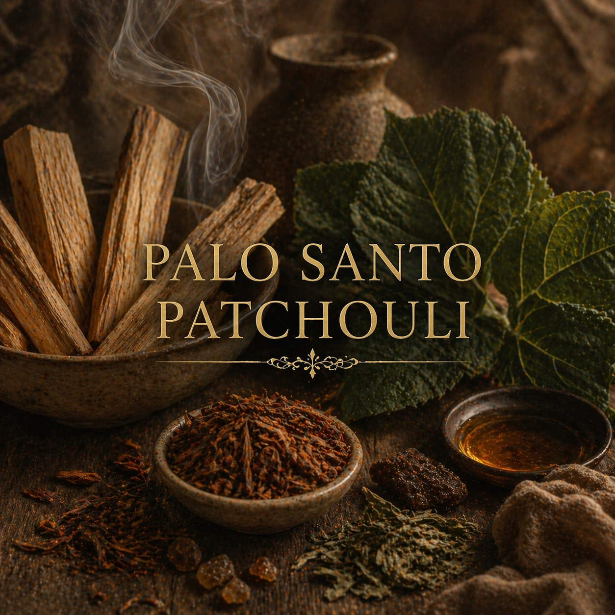 Palo Santo and patchouli wax melts displayed on a rustic table with candles and smoke