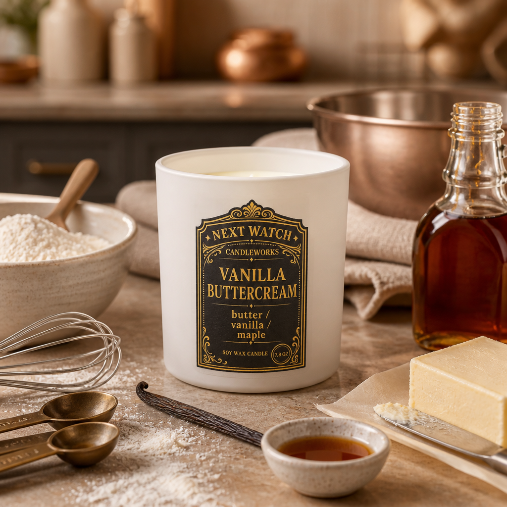 Vanilla Buttercream candle on a kitchen counter with bowls, spoons, and baking ingredients