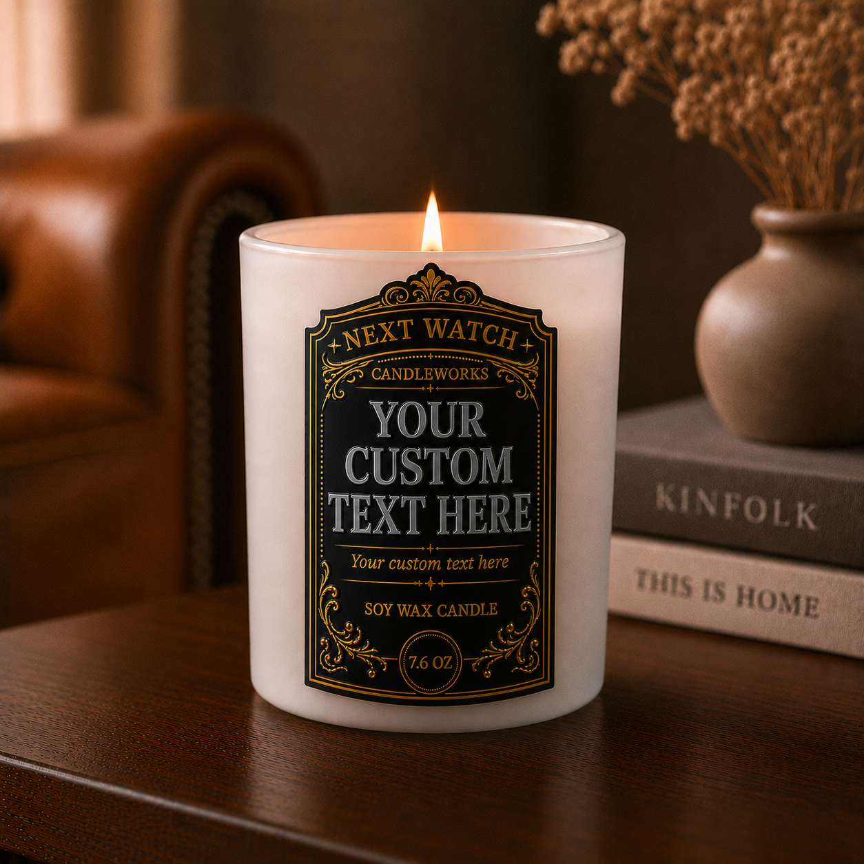 Vanilla Buttercream candle on a kitchen counter with bowls, spoons, and baking ingredients