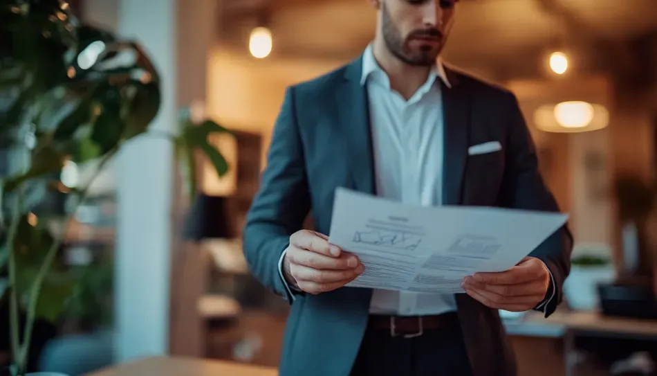 A man in a suit is holding a piece of paper in his hands.