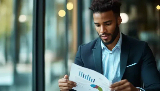 A man in a suit is sitting in front of a window reading a piece of paper.