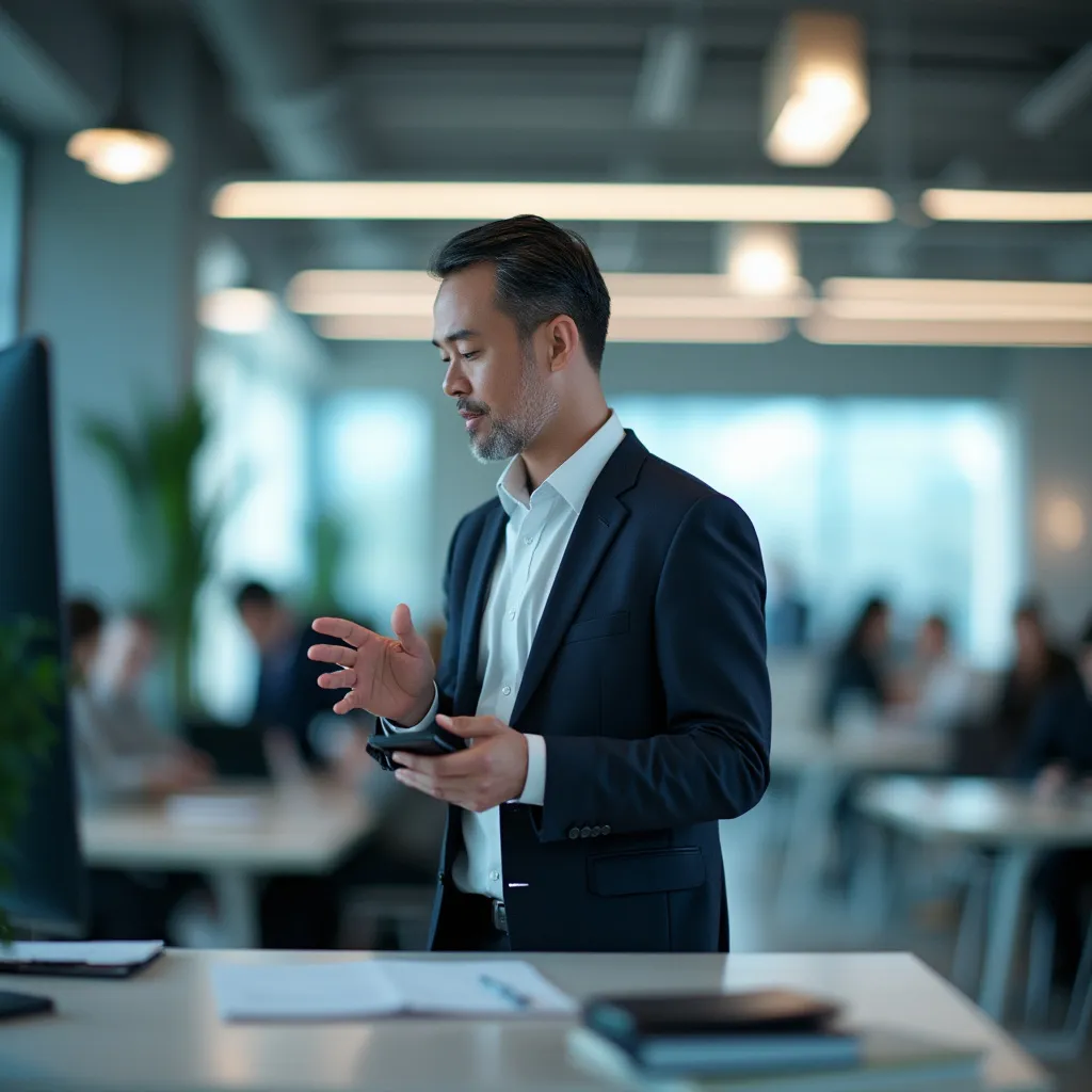 A man in a suit is standing at a desk looking at his cell phone.