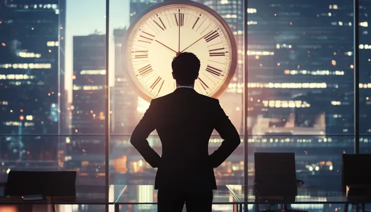 A man in a suit is standing in front of a large clock.