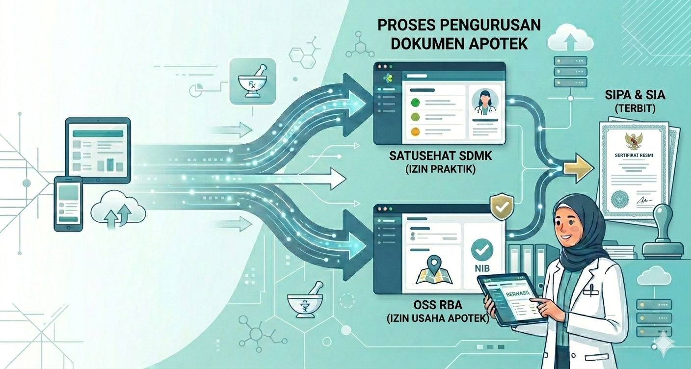 Diagram showing the process of pharmacy document management with digital interfaces and a pharmacist using a tablet.