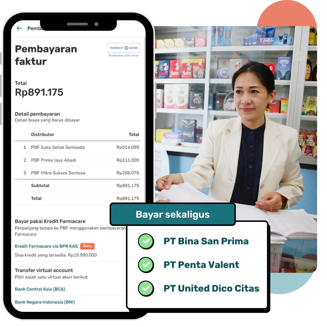 Layar ponsel menampilkan pembayaran faktur; seorang wanita di dalam toko.