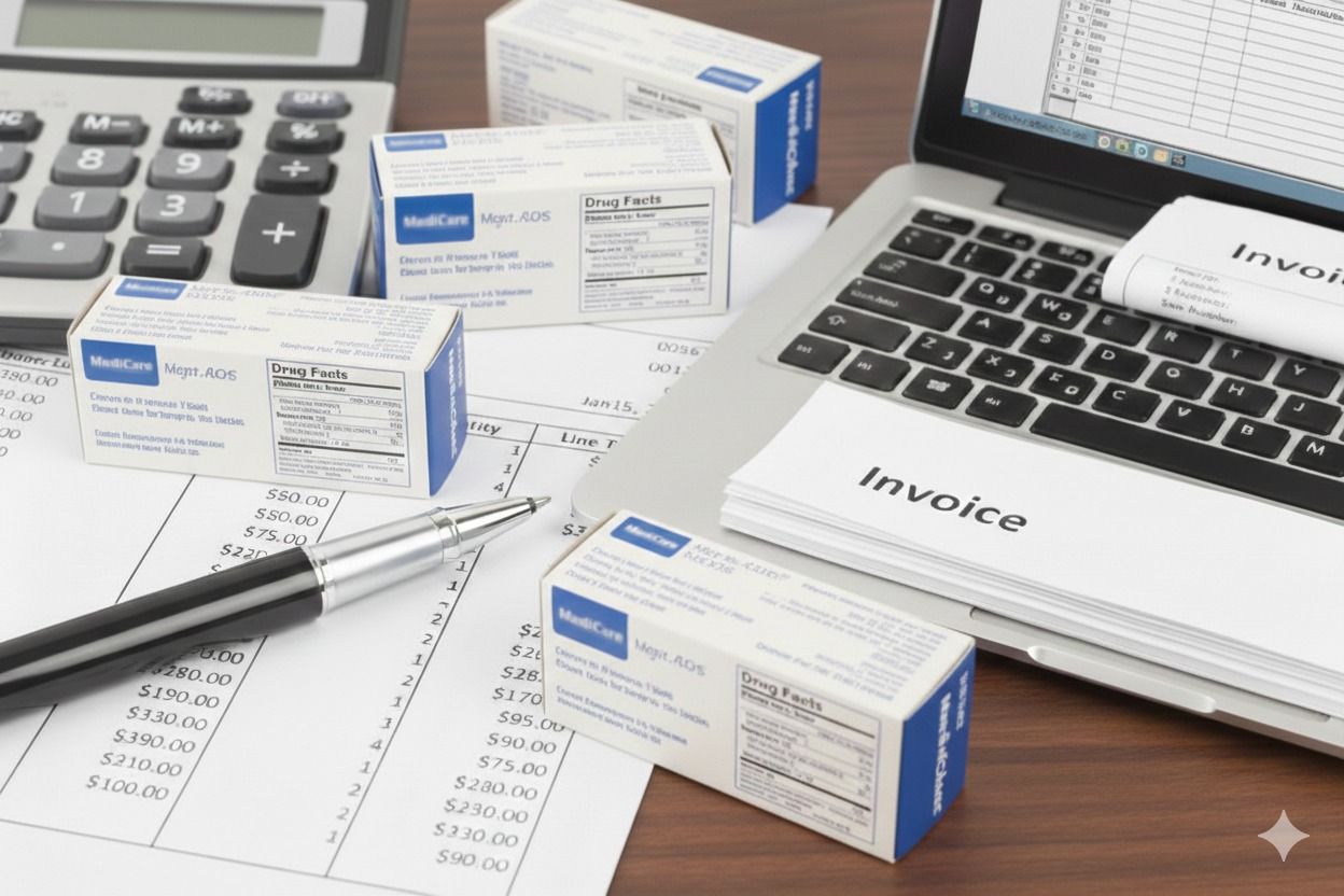 Office desk with medicine boxes, calculator, laptop, invoice, pen, and financial papers.