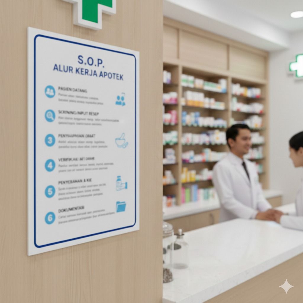 Papan petunjuk alur kerja apotek, dua apoteker di konter, rak-rak berisi obat-obatan.