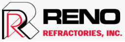 The logo for reno refractories , inc. is black and red.
