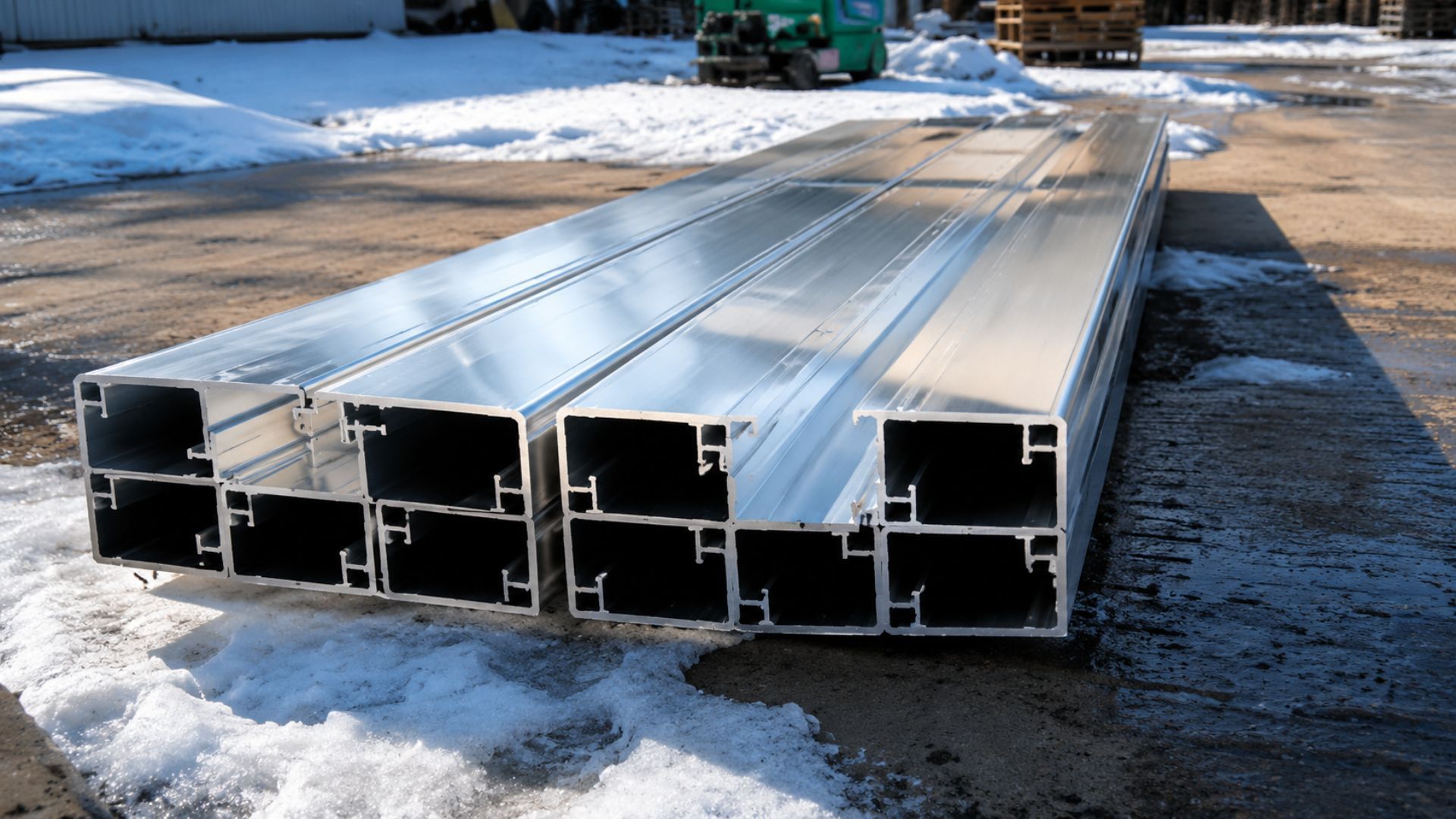 Stacked aluminum structural beams on snowy ground at a construction site