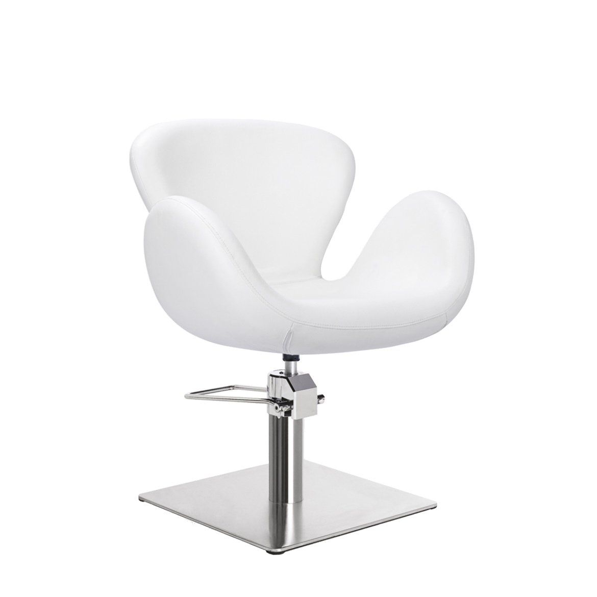 Sedia da parrucchiere economica. Realizzato in polipelle PVC ignifugo di alta qualità. Interno in PU iniettato con struttura metallica. Base quadrata Ø50 in acciaio inox. Pompa idraulica con freno.