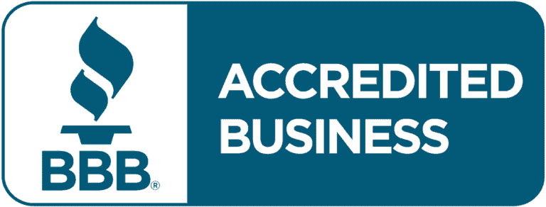 BBB Accredited Business logo: white flame with BBB text, against a blue background with text 