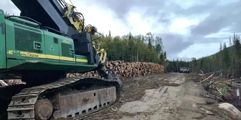 Un gros tracteur vert roule sur un chemin de terre à côté d'un tas de bûches.