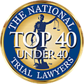 Circular gold and blue “The National Top 40 Under 40 Trial Lawyers” award seal with scales icon.
