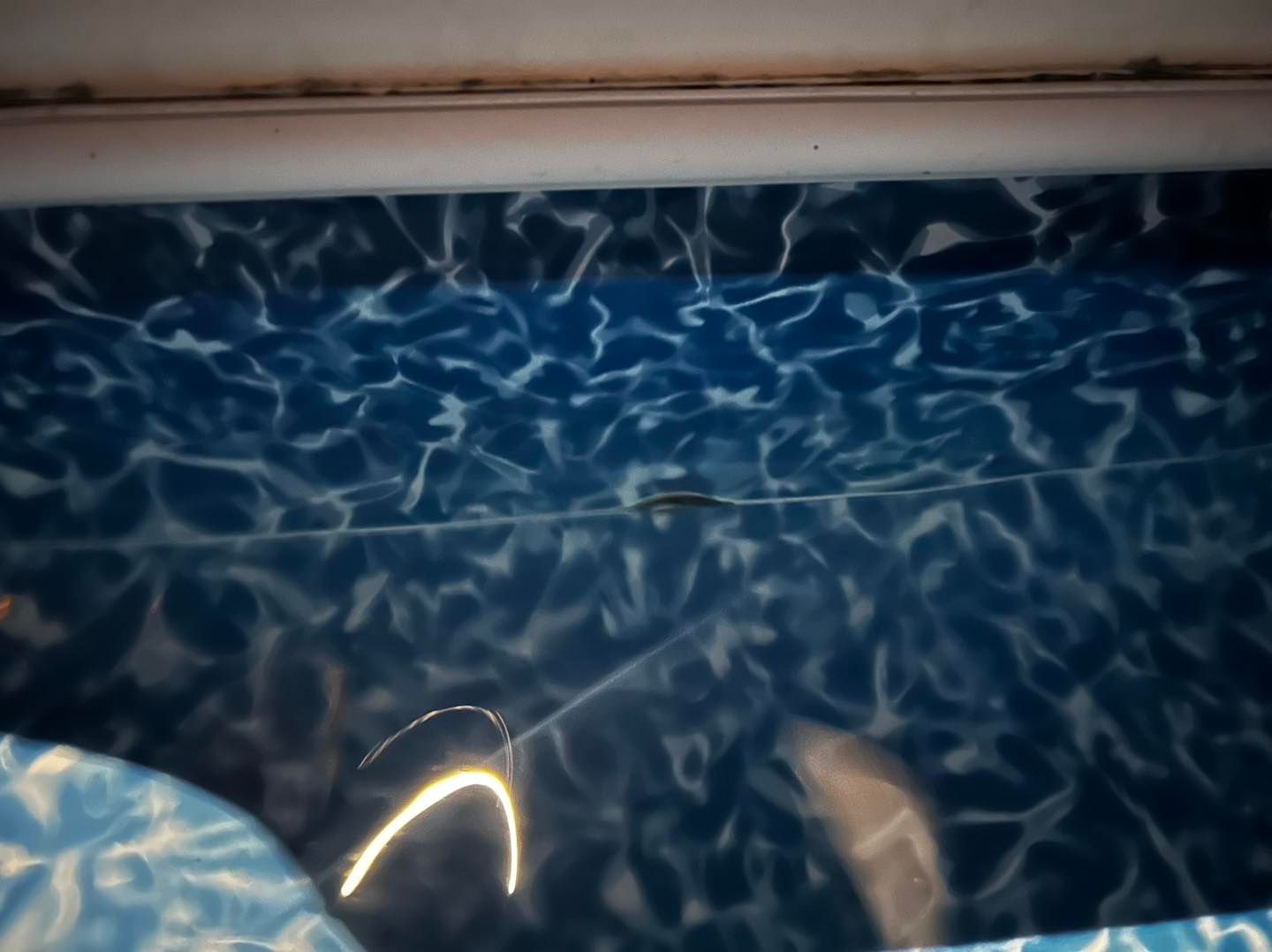 A dark, rippling swimming pool surface reflecting overhead light, with a thin, faint line visible across the water.