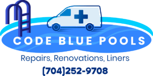 Logo for Code Blue Pools featuring a pool ladder and medical van, with company name, services, and phone number.