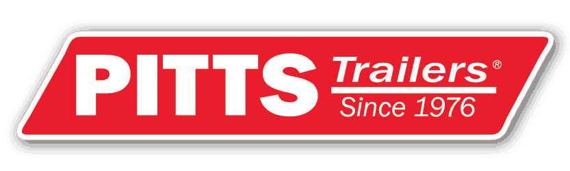 A red and white logo for pitts trailers since 1976