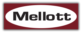 A red and white logo for mellott on a white background