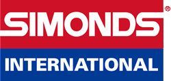 A red , blue and white logo for simonds international.