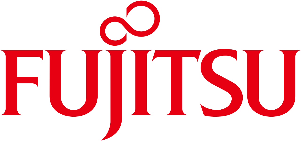 The fujitsu logo is red and white on a white background.