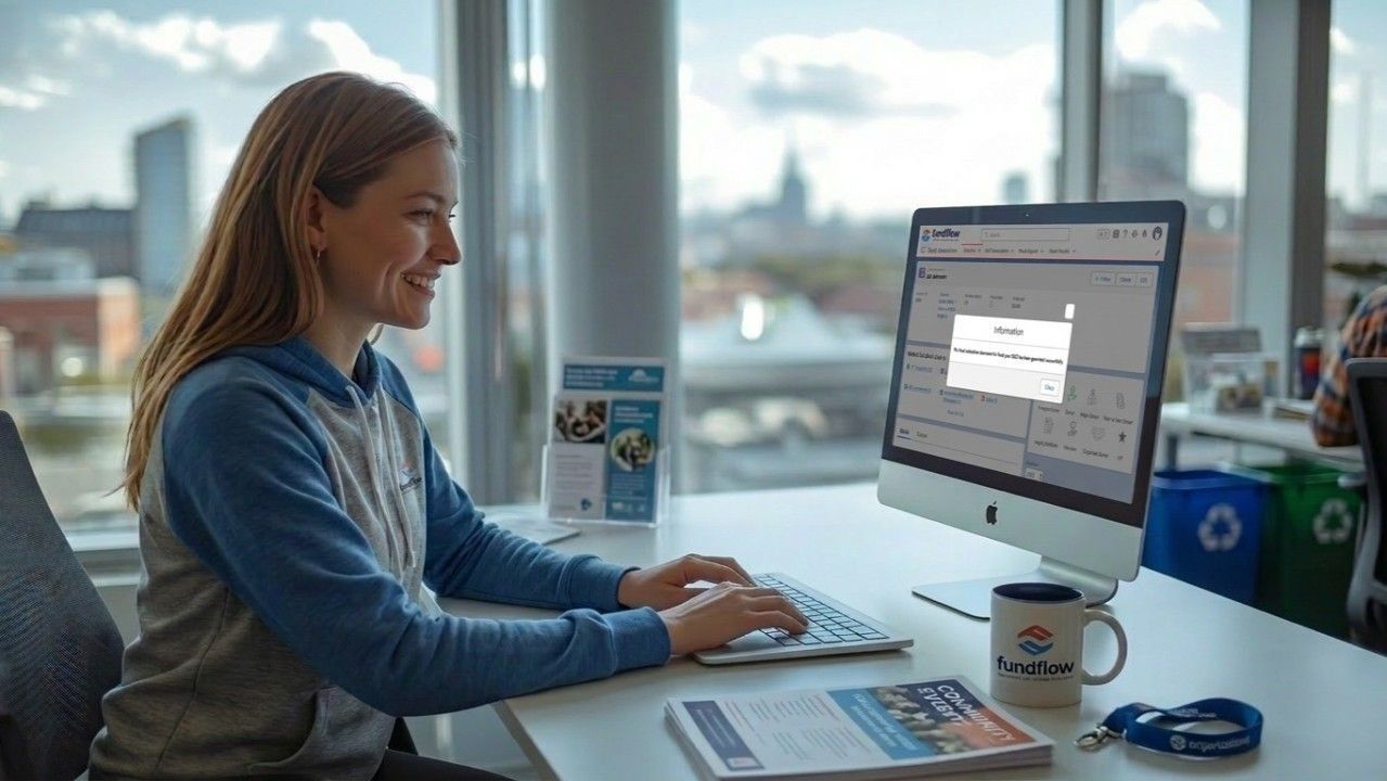 Woman working at a desk with a desktop computer in a bright office, typing and smiling.