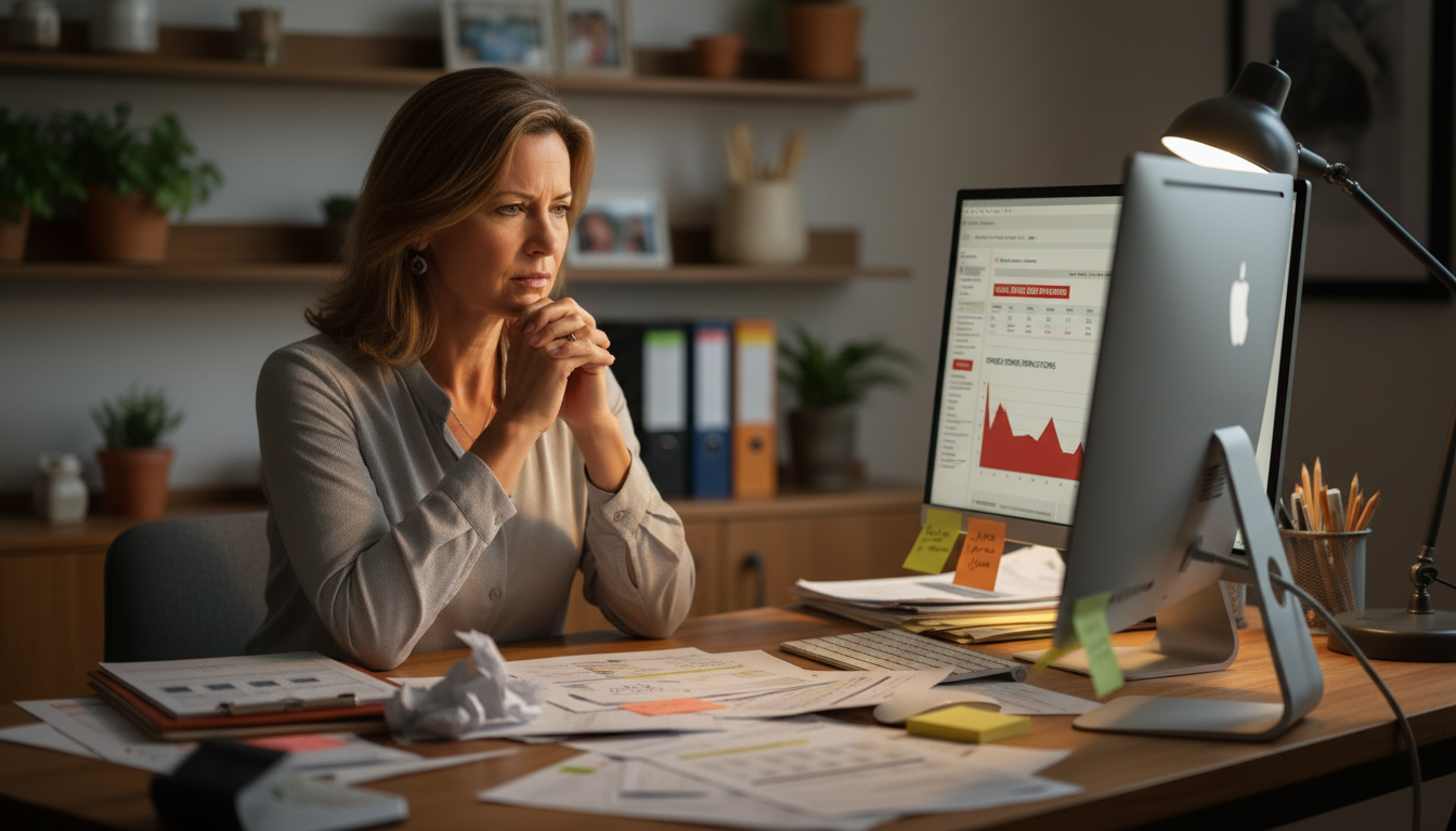 Woman at desk reviewing papers beside a large monitor in a softly lit office, looking thoughtful.