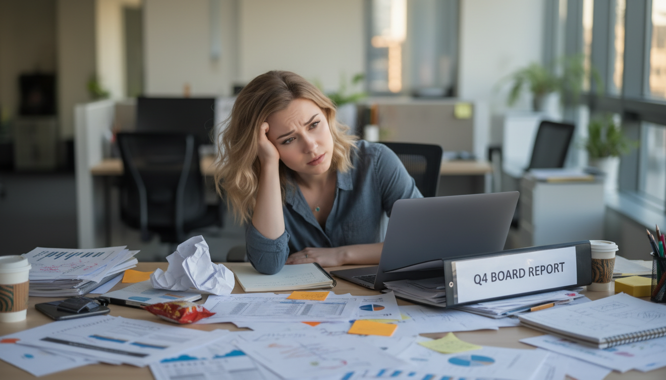 Woman looking stressed at a cluttered office desk with papers, laptop, and coffee cup