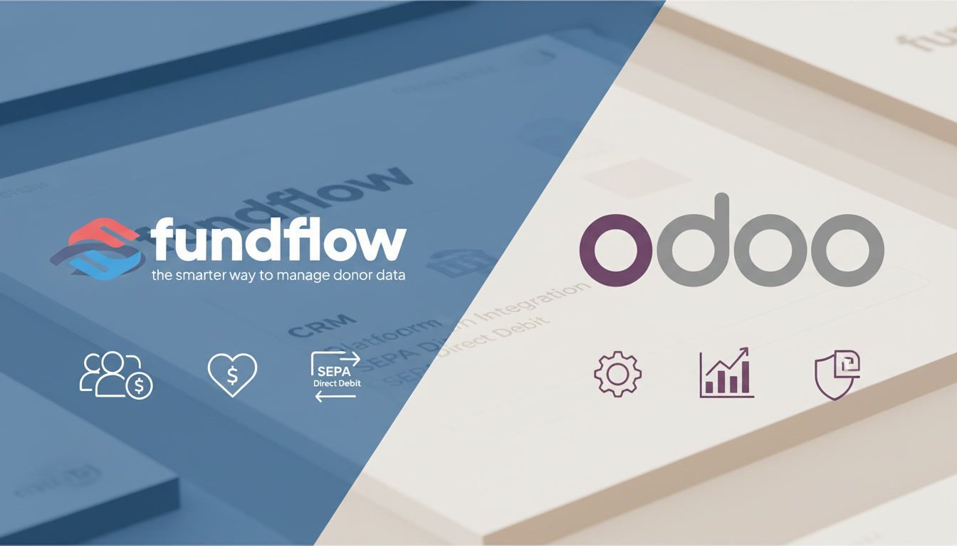 Fundflow and Odoo logos on a blue and beige split background with small line icons