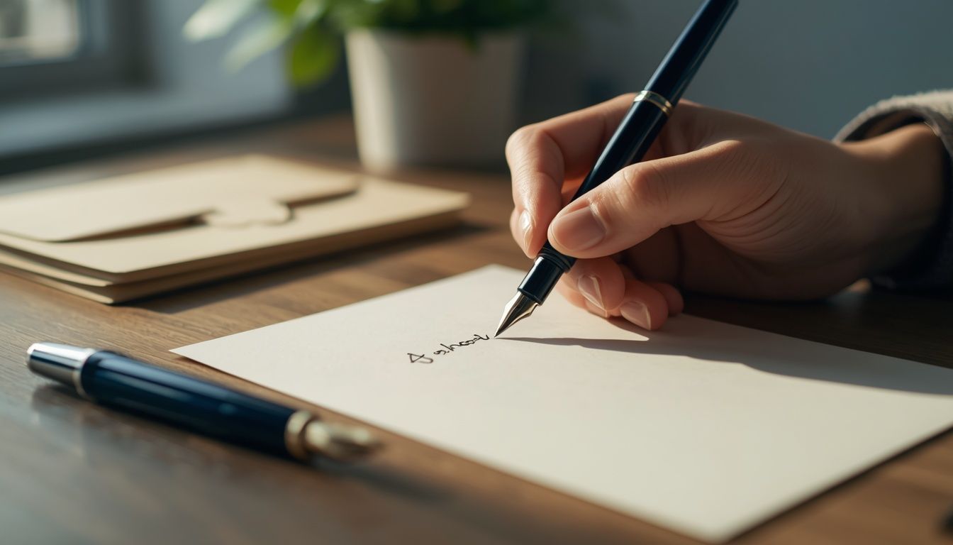 Hand writing on a blank card with a pen at a wooden desk, with notebooks in the background